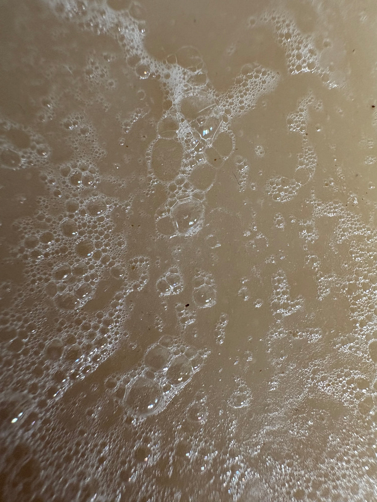 A close-up texture shot of a light beige soil soap with dense white foam and bubbles across the surface.